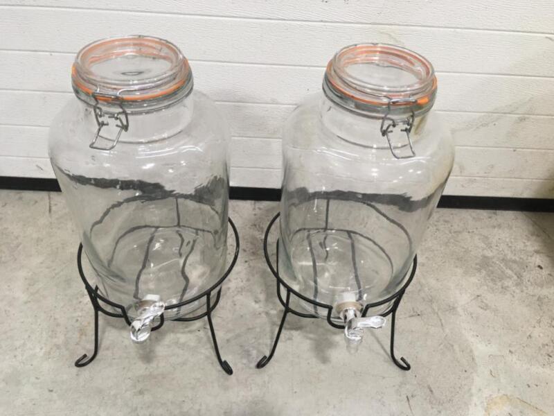 2 Glass Beverage Dispensers on Metal Stands 