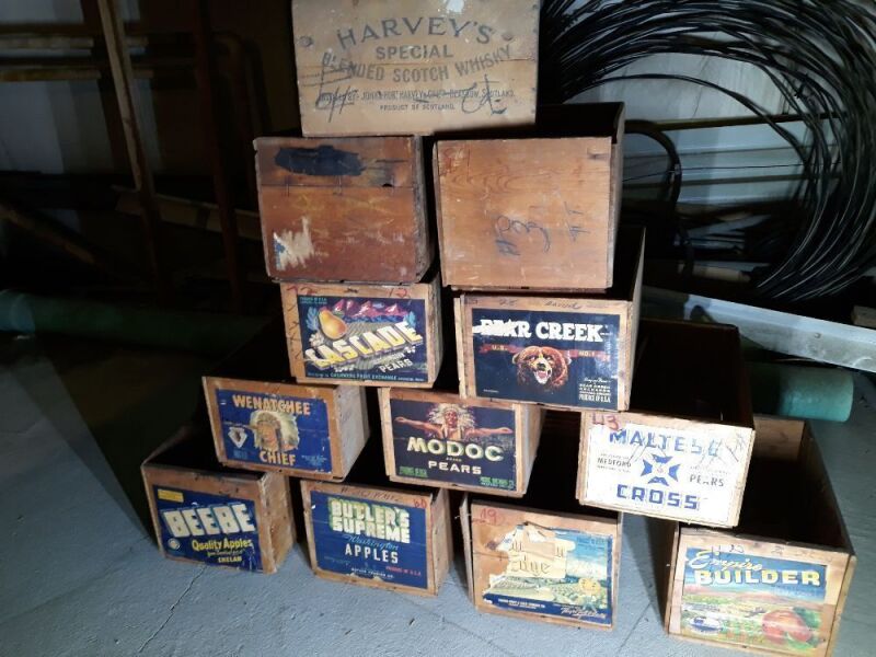 Antique Advertising Wooden Apple and Fruit Crates with HARVEY"S BLENDED SCOTCH WHISKY CRATE