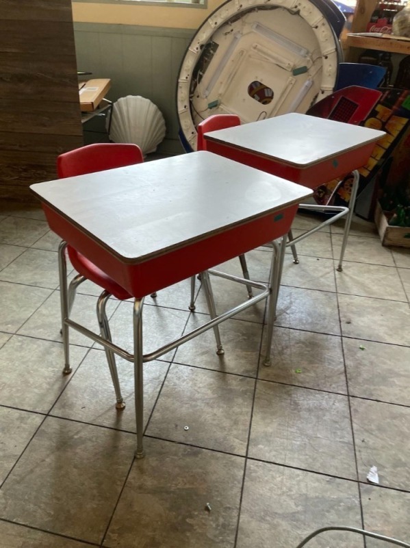 Pair of Heywood Wakefield school desks with chairs