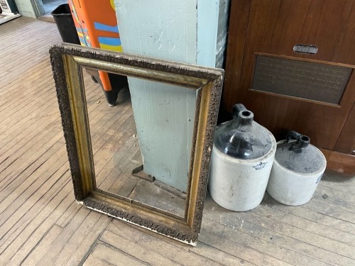 Antique Frame with Pair of Earthenware Crocks