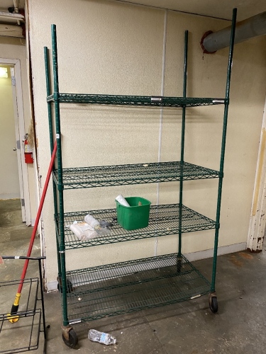 Green shelving unit on wheels