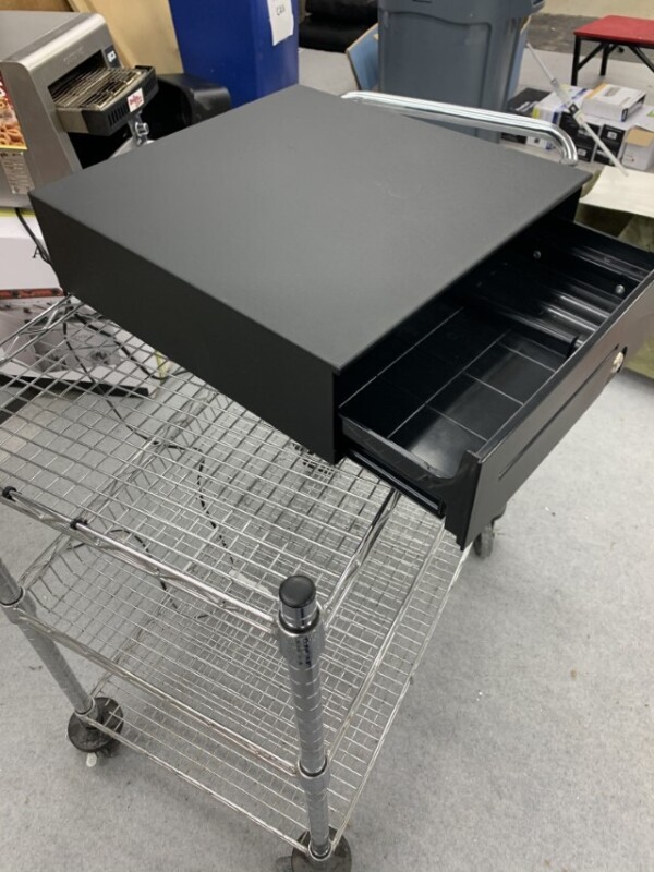 (4) Black metal APG Cash Drawers for use with cash register system with spring-loaded money tray