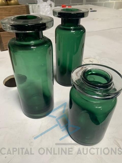 (3) Green Vases Round Tall/Small