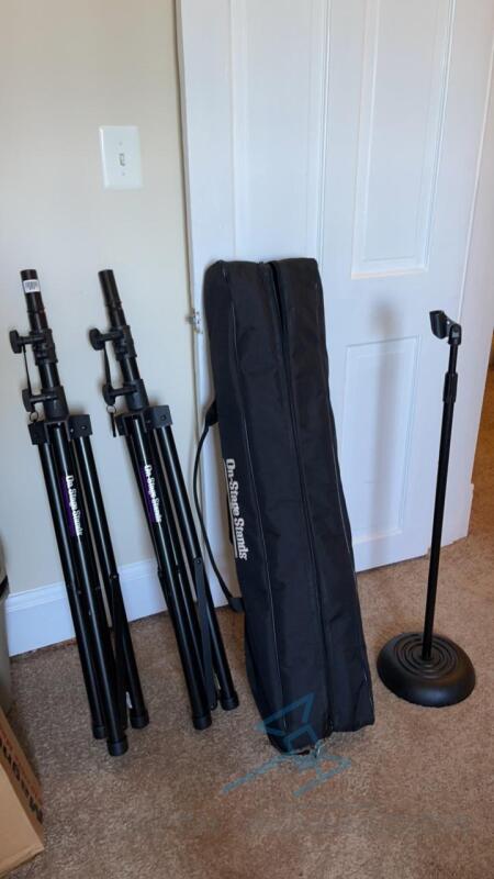 (2) On Stage Stands Tripod Speaker Stands and (1) Mic Stand