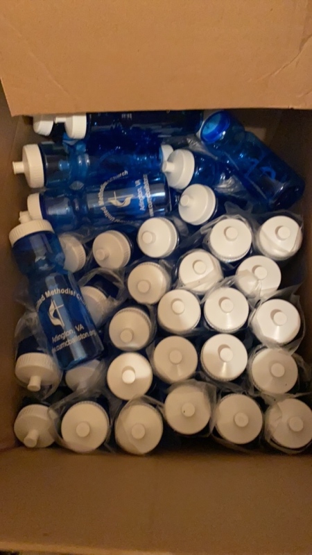 Box of Water Bottles with church logo