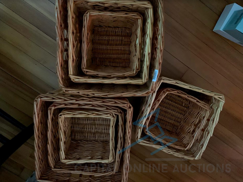 8 different sized wooden baskets/storage bins