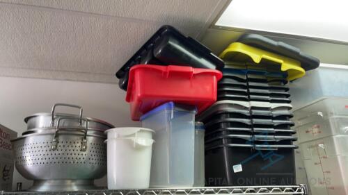 Lot of Bins & Strainers - All Contents Pictured on Top Shelf