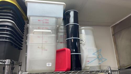 Assorted Food Storage Bins and Wire Hanging Rack