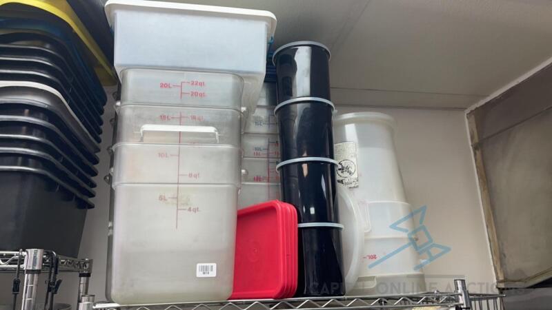 Assorted Food Storage Bins and Wire Hanging Rack