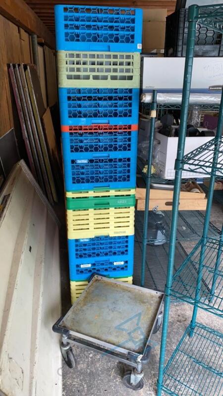 Lot of Glass Racks, Dolly & Crates