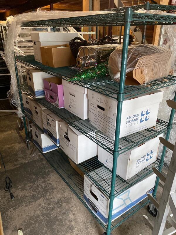 Wire Shelving Unit and boxes of Holiday Decorations